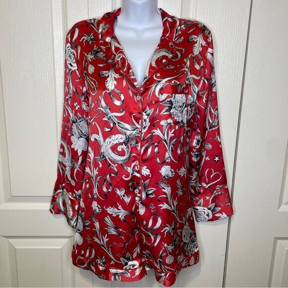 Victoria’s Secret Satin One Piece Romper Pajama Set Red Black White Size XS - Picture 2 of 16